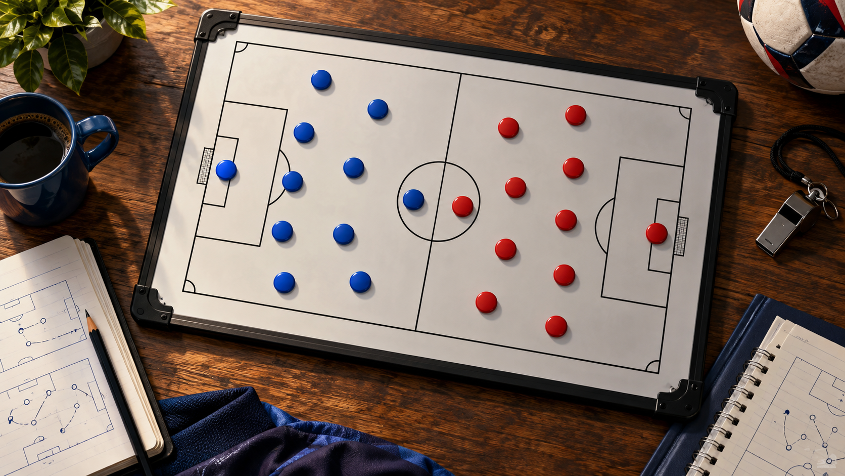 Original editorial illustration of a football tactics board with abstract blue and red markers, not an actual match or team lineup