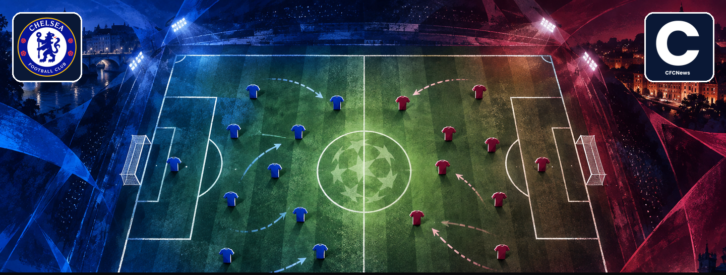 Chelsea Women Lyon preview: original CFCNews editorial illustration of opposing blue and burgundy football markers on an abstract tactics board with Chelsea crest and CFCNews logo, not a real lineup